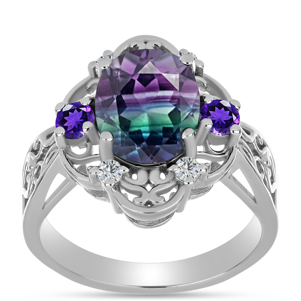 Anillo de Plata con Fluorita cebra y Amatista de Marruecos 3 