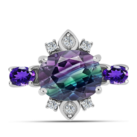 Anillo de Plata con Fluorita cebra y Amatista de Marruecos