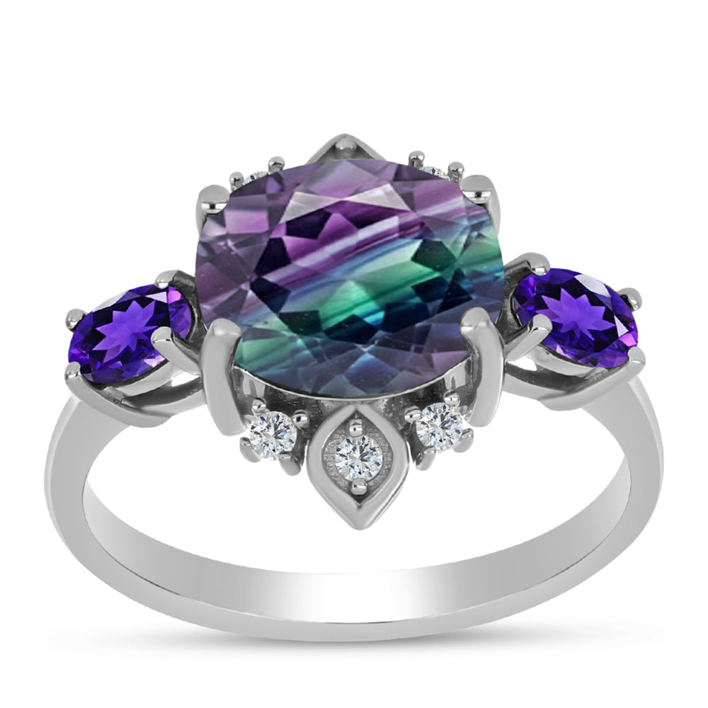 Anillo de Plata con Fluorita cebra y Amatista de Marruecos