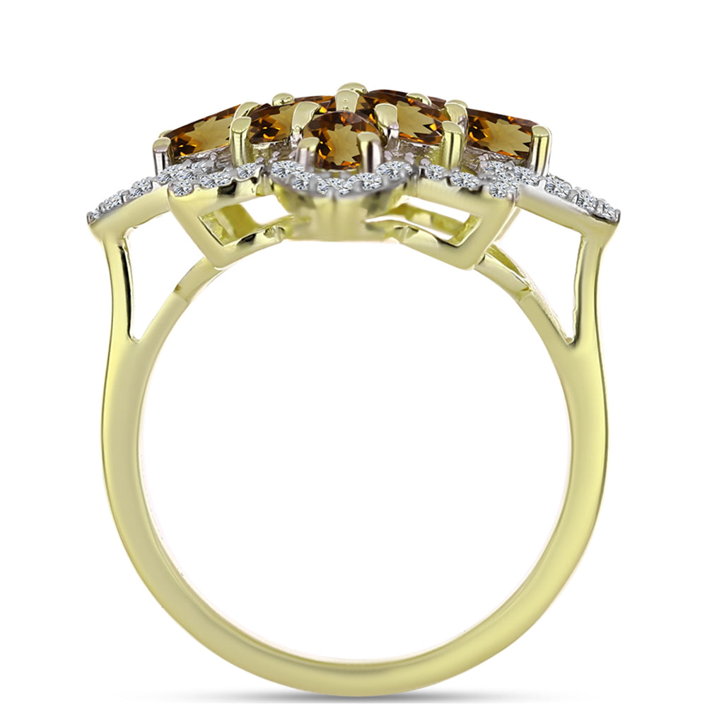 Anillo de Plata Bañada en Oro con Cuarzo Coñac y Topacio Blanco