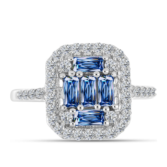Anillo de Plata con Moisanita azul océano y Topacio Blanco