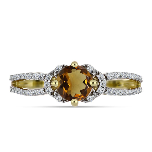 Anillo de Plata Bañada en Oro con Cuarzo Coñac y Topacio Blanco