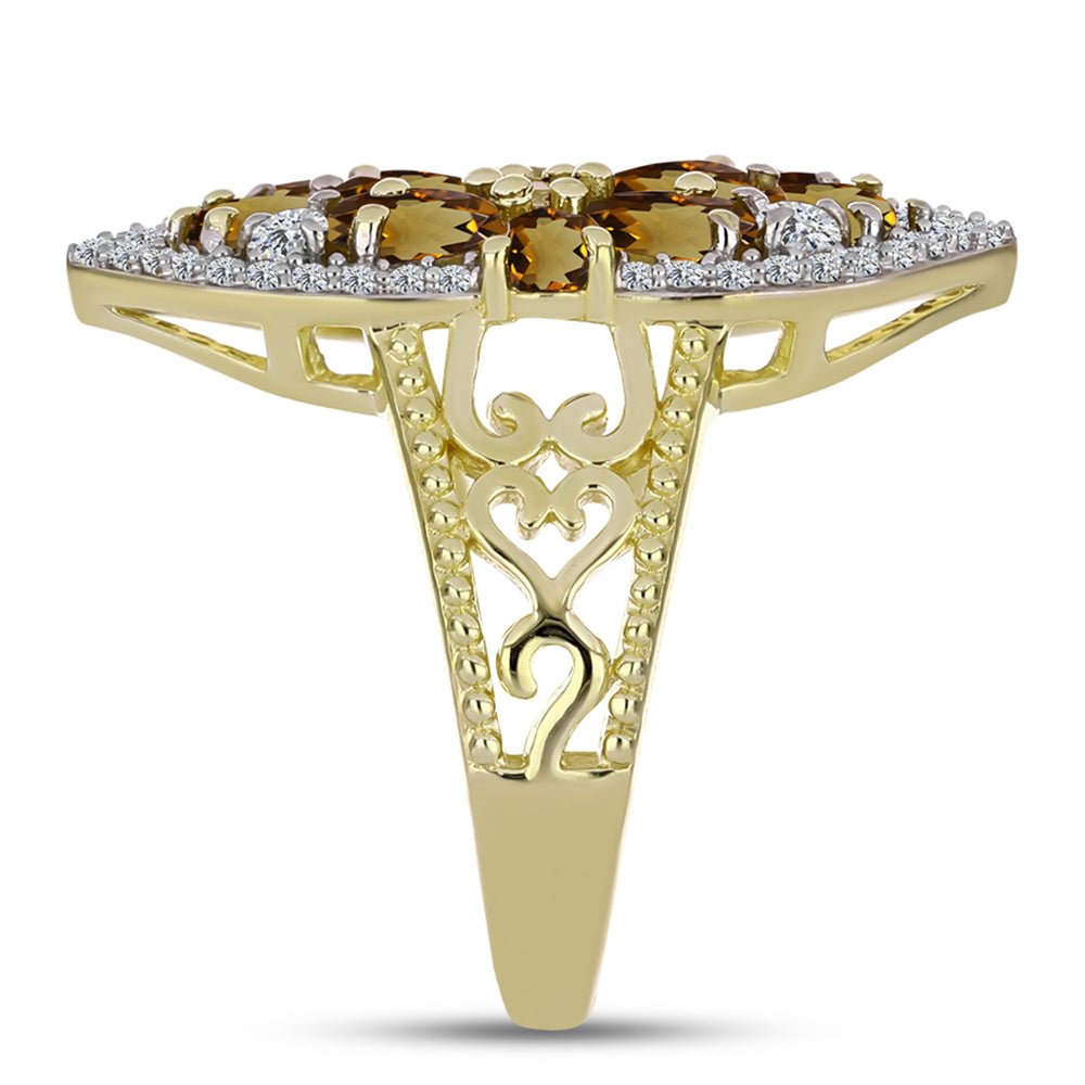 Anillo de Plata Bañada en Oro con Cuarzo Coñac y Topacio Blanco 4 