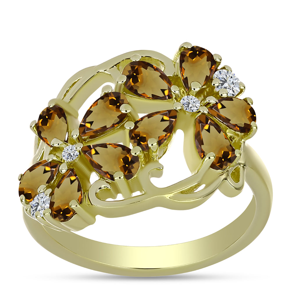 Anillo de Plata Bañada en Oro con Cuarzo Coñac y Topacio Blanco