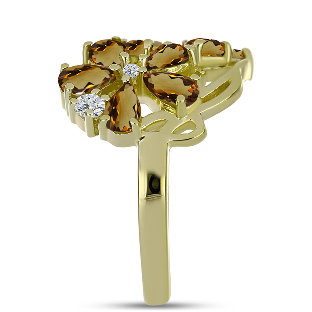 Anillo de Plata Bañada en Oro con Cuarzo Coñac y Topacio Blanco 4 