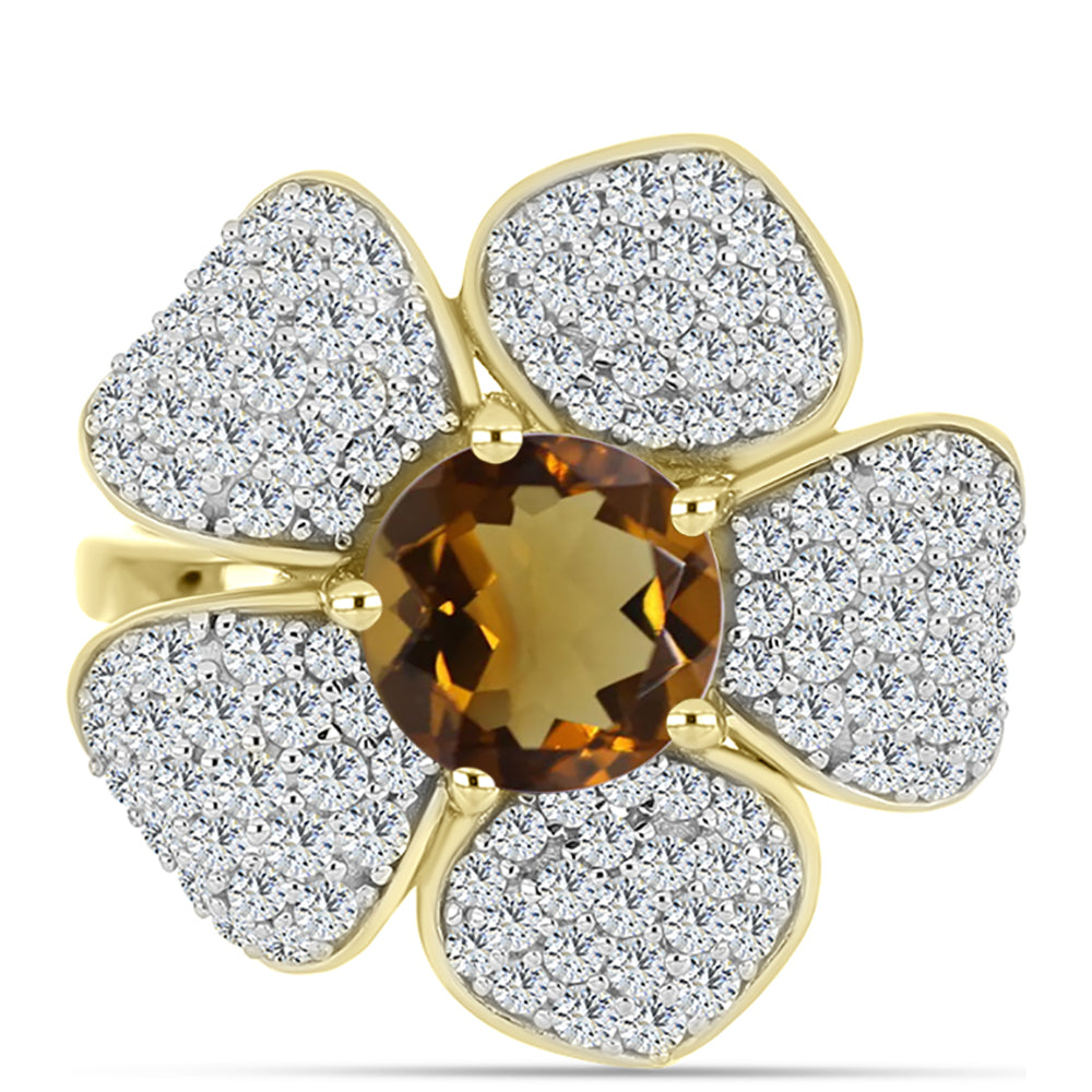 Anillo de Plata Bañada en Oro con Cuarzo Coñac y Topacio Blanco