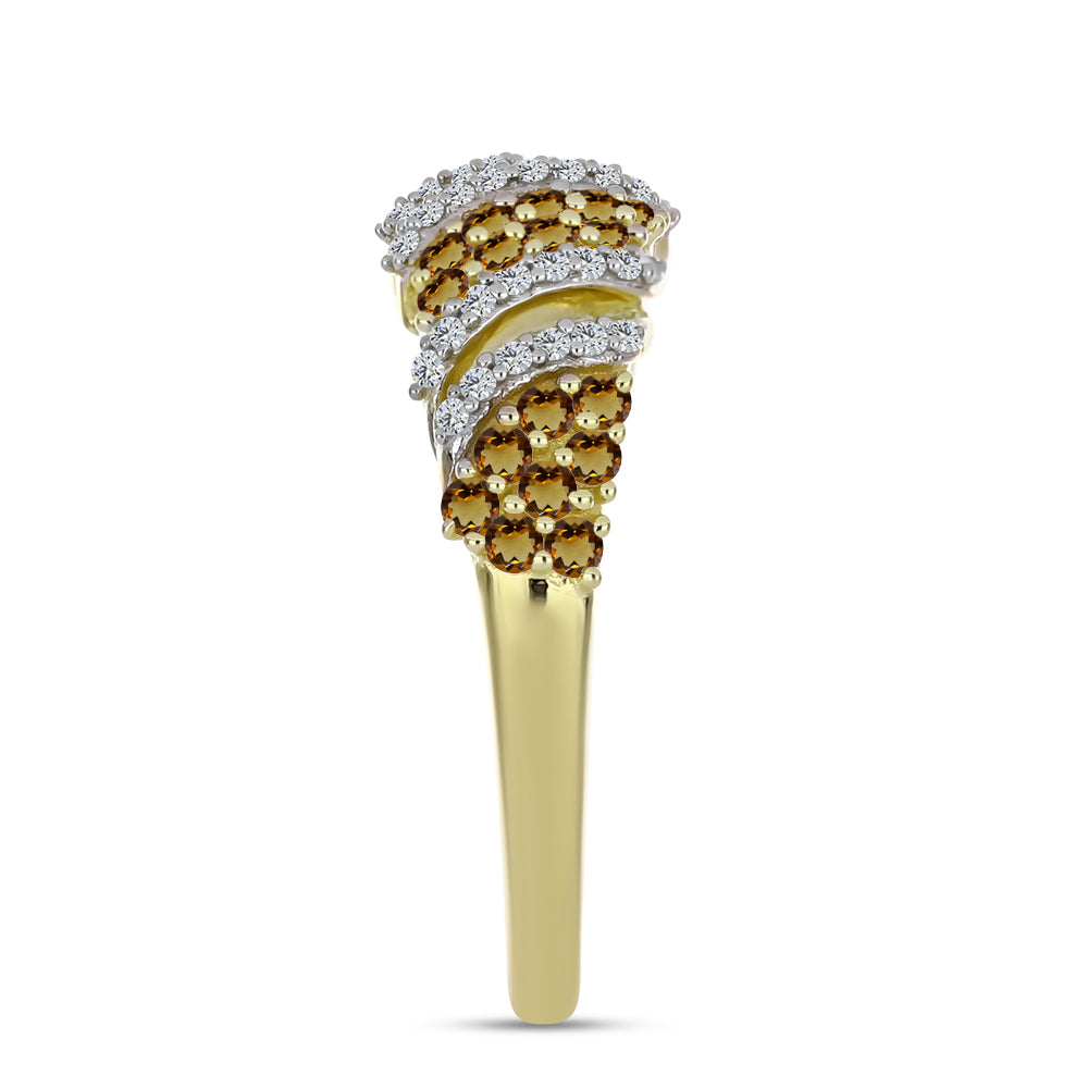 Anillo de Plata Bañada en Oro con Cuarzo Coñac y Topacio Blanco 8 