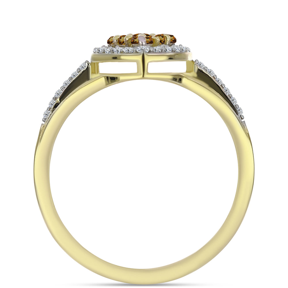 Anillo de Plata Bañada en Oro con Cuarzo Coñac y Topacio Blanco