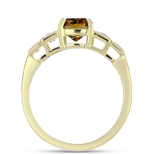 Anillo de Plata Bañada en Oro con Cuarzo Coñac y Zircón Blanco