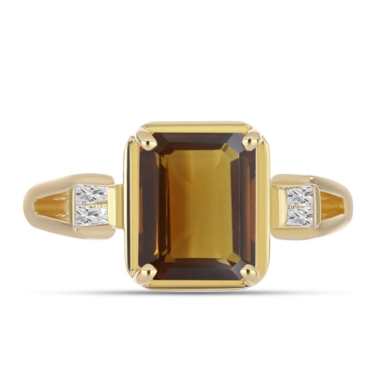 Anillo de Plata Bañada en Oro con Cuarzo Coñac y Zircón Blanco