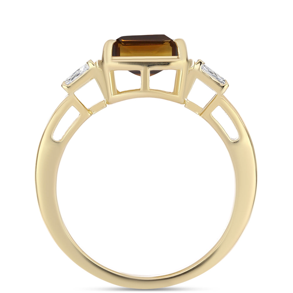 Anillo de Plata Bañada en Oro con Cuarzo Coñac y Zircón Blanco