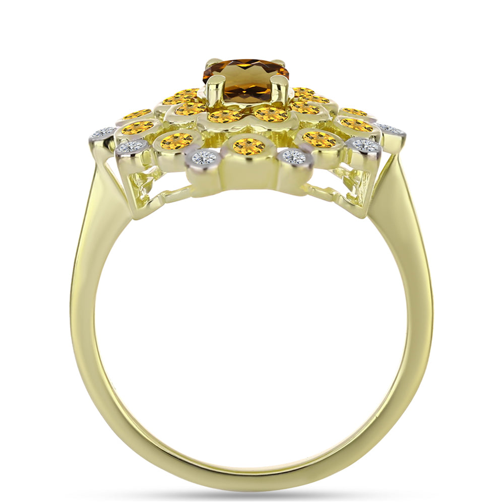 Anillo de Plata Bañada en Oro con Cuarzo Coñac y Topacio Blanco