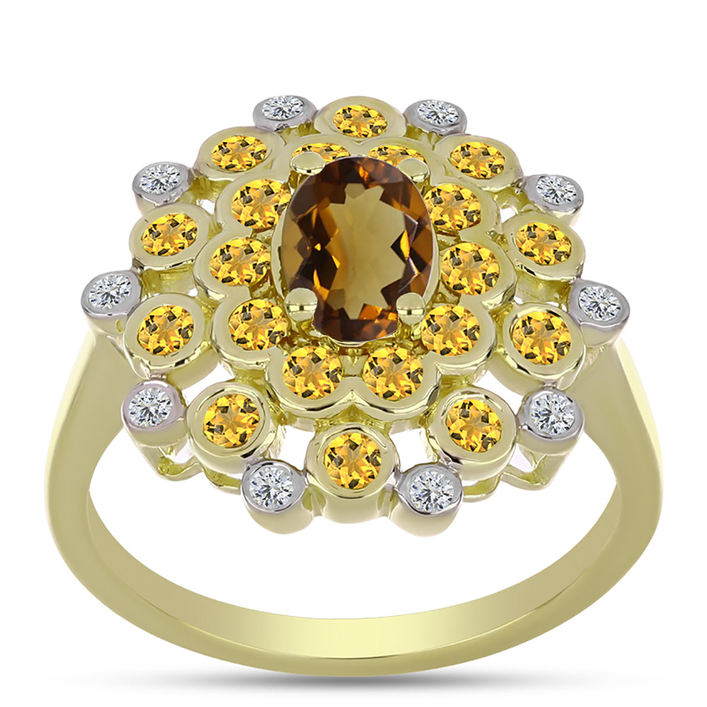 Anillo de Plata Bañada en Oro con Cuarzo Coñac y Topacio Blanco 3 