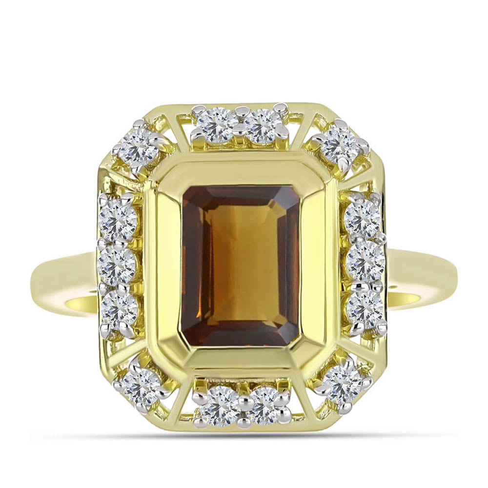 Anillo de Plata Bañada en Oro con Cuarzo Coñac y Topacio Blanco 1 