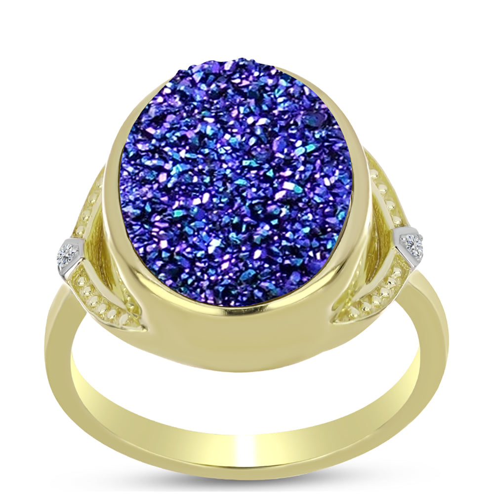 Anillo de Plata Bañada en Oro con Drusa Purpura y Topacio Blanco 3 