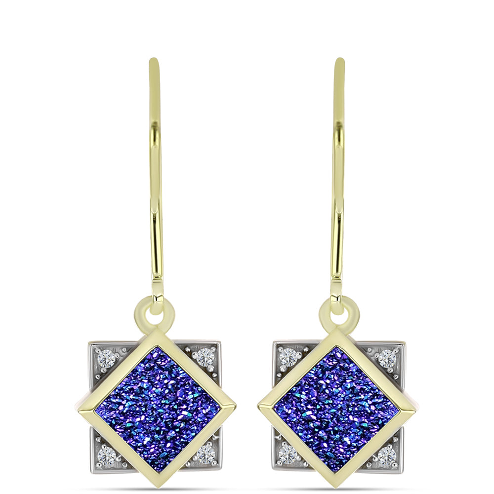 Pendientes de Plata Bañada en Oro con Drusa Purpura y Topacio Blanco