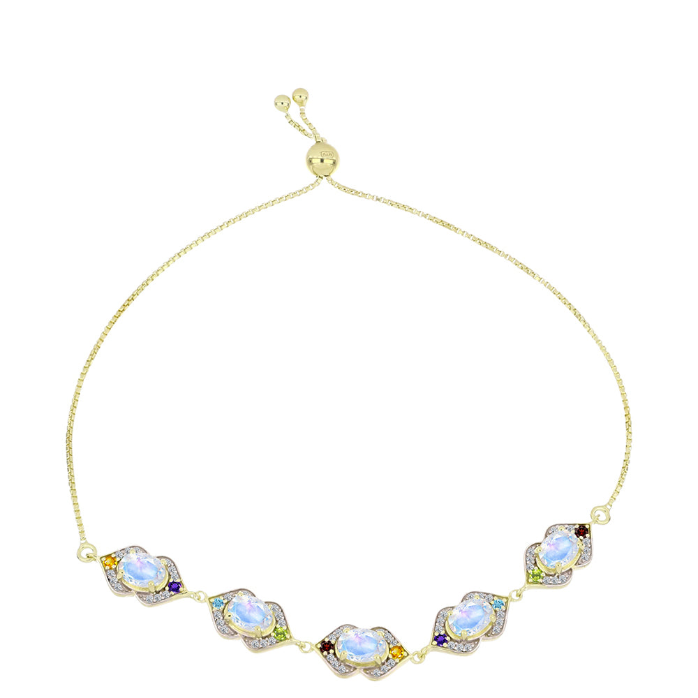 Pulsera de Plata Bañada en Oro con Piedra Lunar Arco Iris y Amatista de Marruecos
