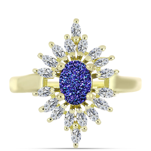 Anillo de Plata Bañada en Oro con Drusa Purpura y Zircón Blanco