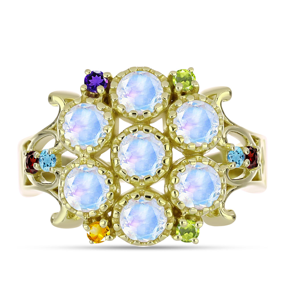 Anillo de Plata Bañada en Oro con Piedra Lunar Arco Iris y Amatista de Marruecos 5 