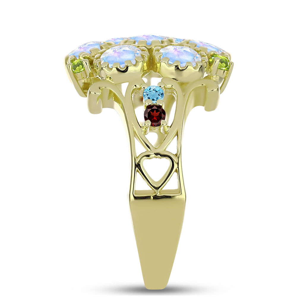 Anillo de Plata Bañada en Oro con Piedra Lunar Arco Iris y Amatista de Marruecos 8 