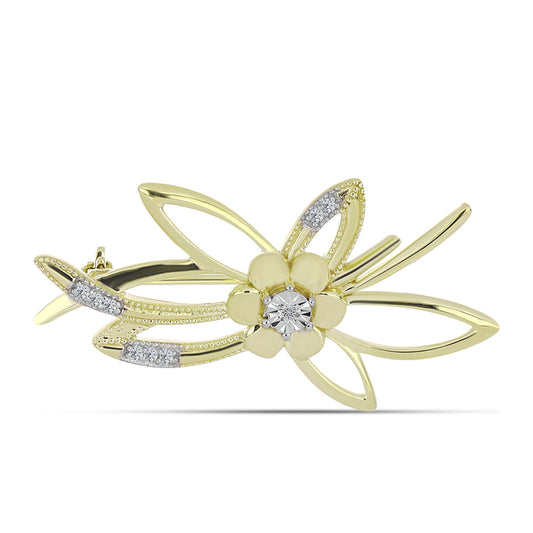 Broche de Plata Bañada en Oro con Diamante blanco y Topacio Blanco