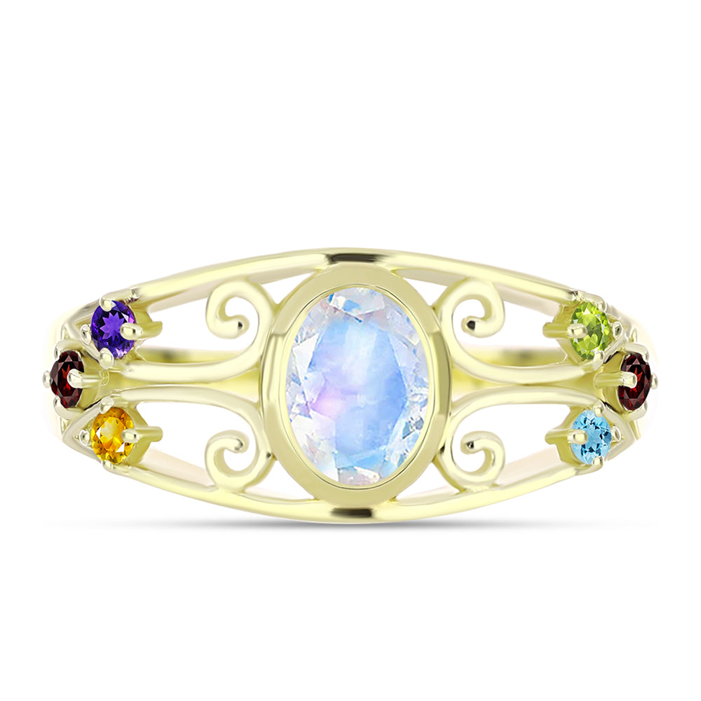Anillo de Plata Bañada en Oro con Piedra Lunar Arco Iris y Amatista de Marruecos