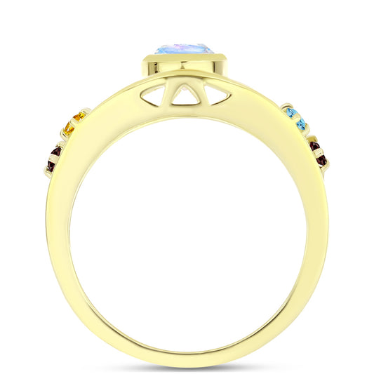 Anillo de Plata Bañada en Oro con Piedra Lunar Arco Iris y Amatista de Marruecos