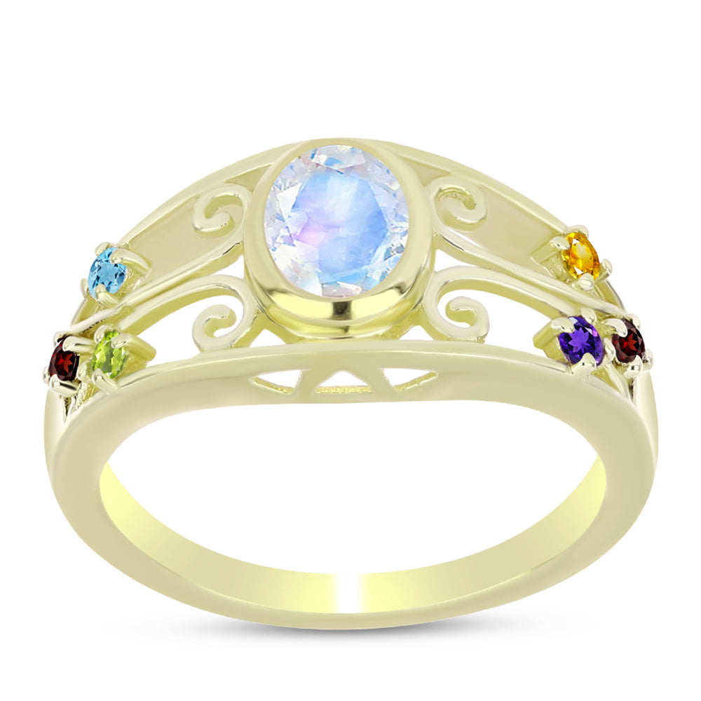 Anillo de Plata Bañada en Oro con Piedra Lunar Arco Iris y Amatista de Marruecos 3 