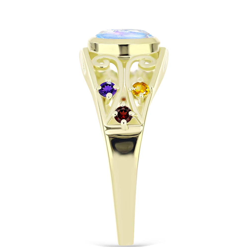 Anillo de Plata Bañada en Oro con Piedra Lunar Arco Iris y Amatista de Marruecos 8 