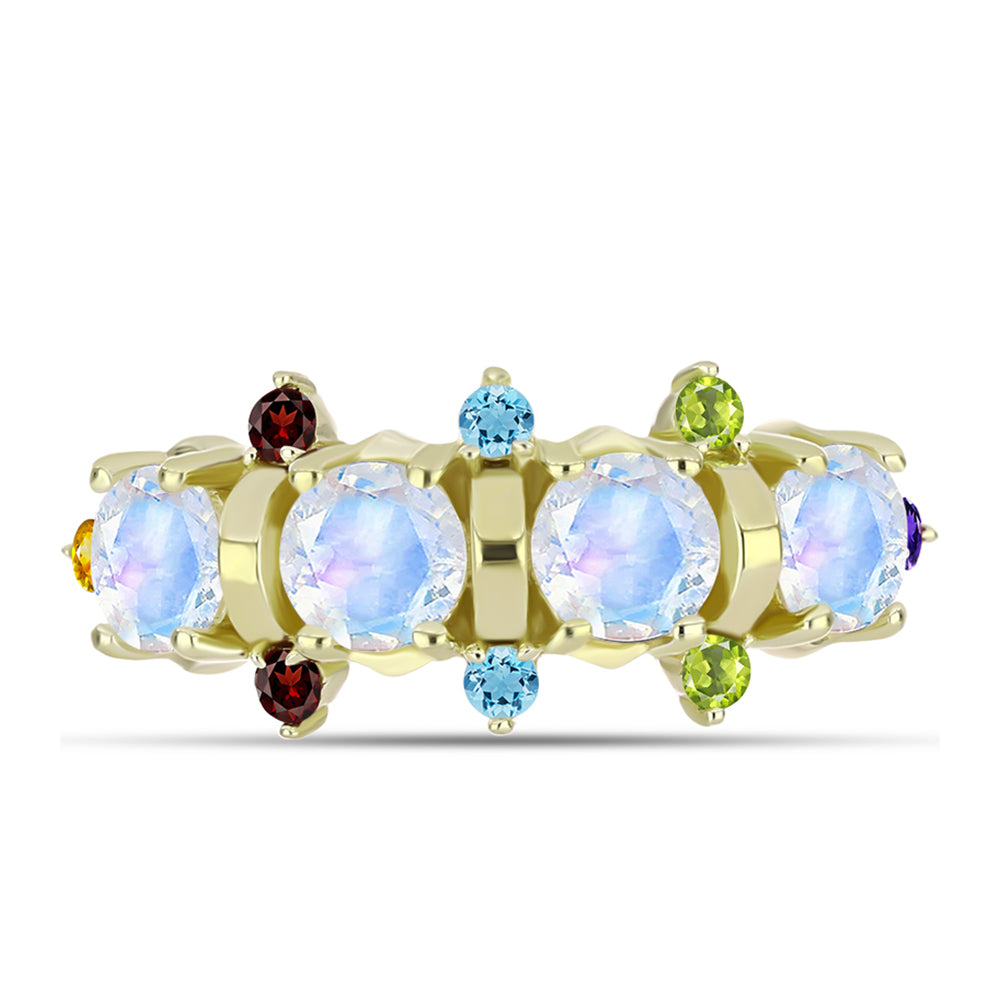 Anillo de Plata Bañada en Oro con Piedra Lunar Arco Iris y Amatista de Marruecos 5 
