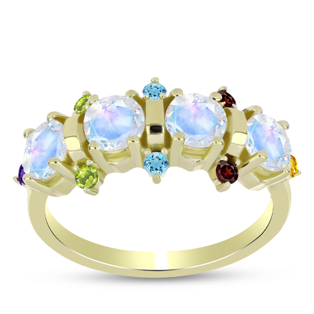 Anillo de Plata Bañada en Oro con Piedra Lunar Arco Iris y Amatista de Marruecos 7 