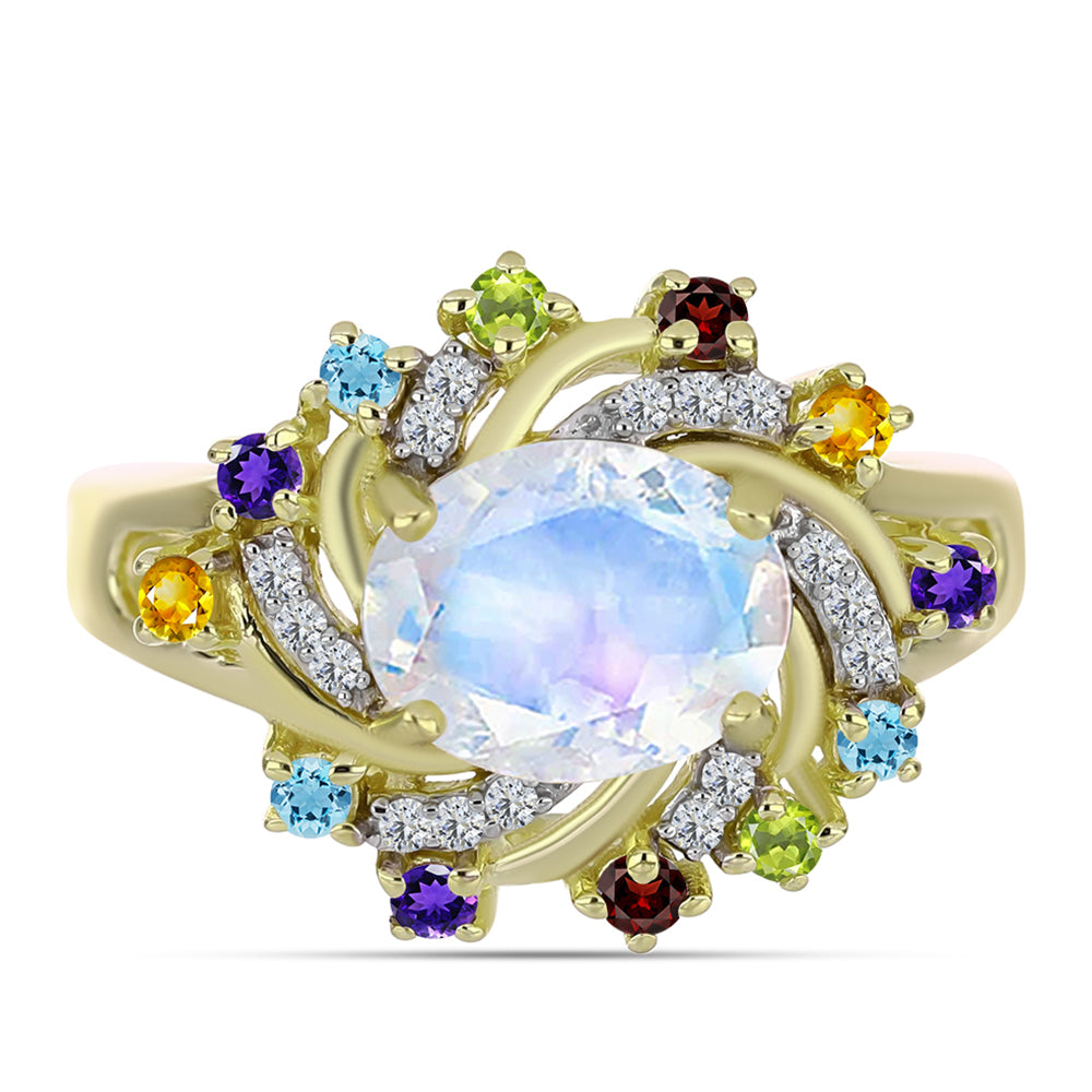 Anillo de Plata Bañada en Oro con Piedra Lunar Arco Iris y Amatista de Marruecos 5 