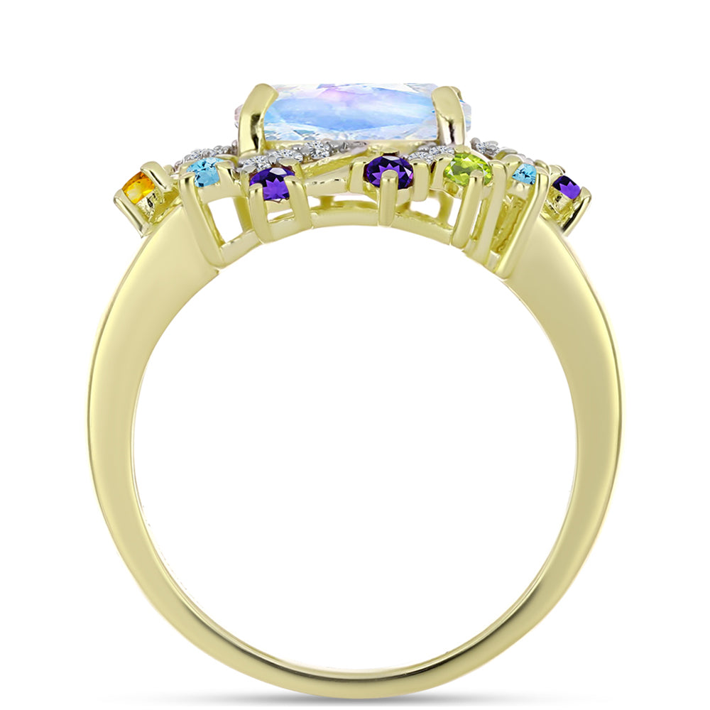 Anillo de Plata Bañada en Oro con Piedra Lunar Arco Iris y Amatista de Marruecos 2 