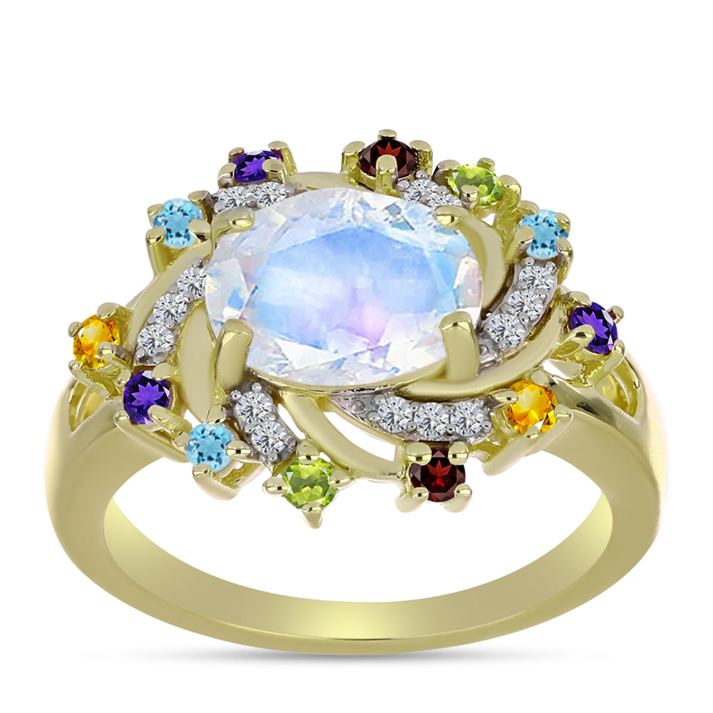 Anillo de Plata Bañada en Oro con Piedra Lunar Arco Iris y Amatista de Marruecos 7 