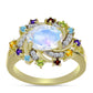 Anillo de Plata Bañada en Oro con Piedra Lunar Arco Iris y Amatista de Marruecos