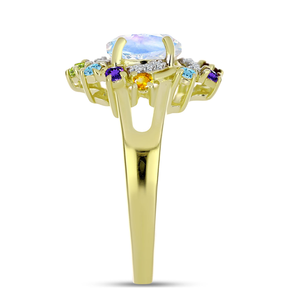 Anillo de Plata Bañada en Oro con Piedra Lunar Arco Iris y Amatista de Marruecos