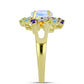 Anillo de Plata Bañada en Oro con Piedra Lunar Arco Iris y Amatista de Marruecos