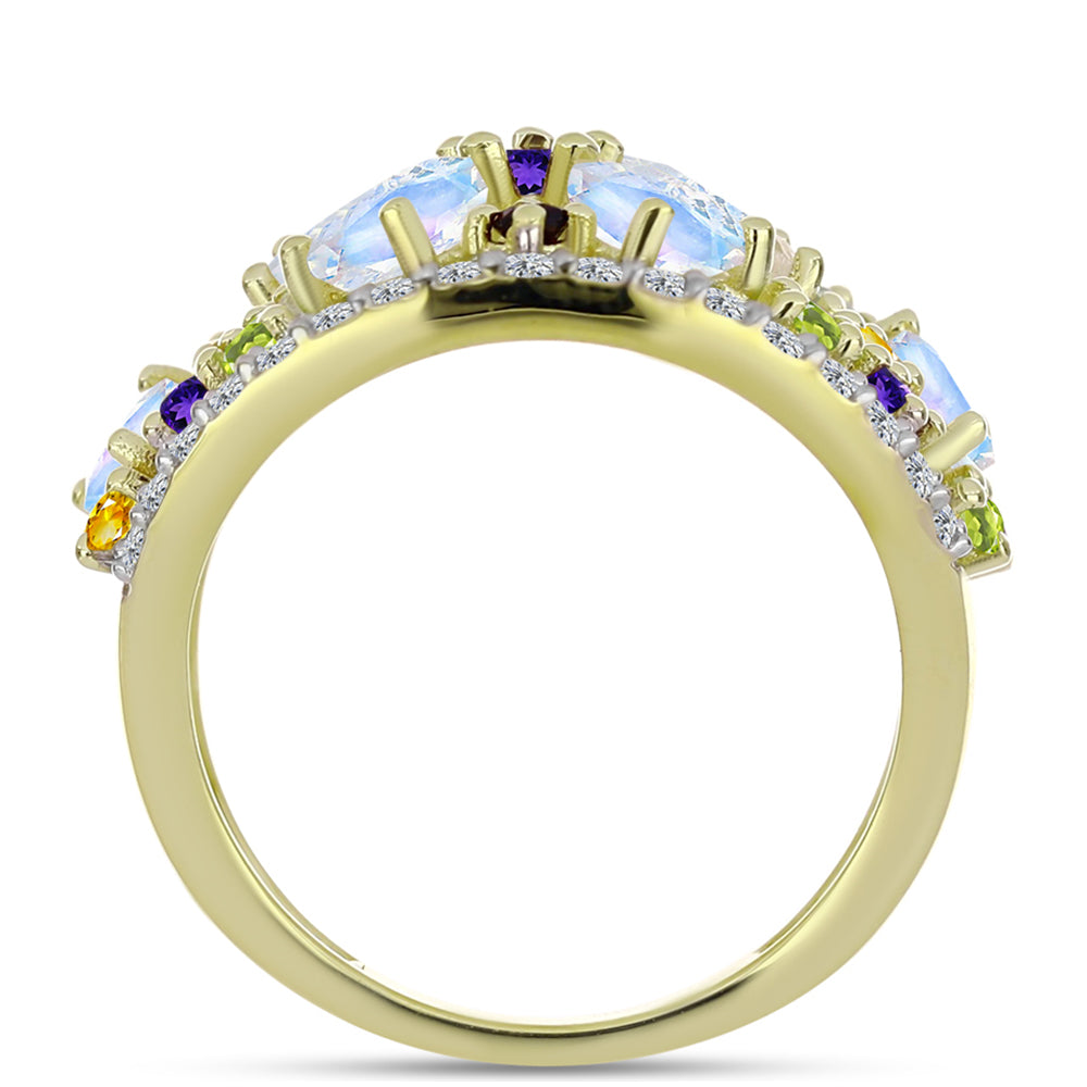 Anillo de Plata Bañada en Oro con Piedra Lunar Arco Iris y Amatista de Marruecos 6 