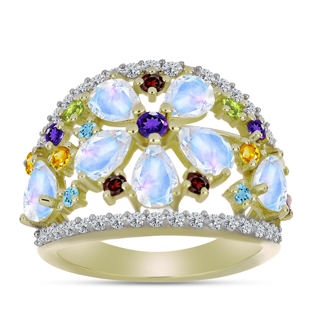 Anillo de Plata Bañada en Oro con Piedra Lunar Arco Iris y Amatista de Marruecos 7 