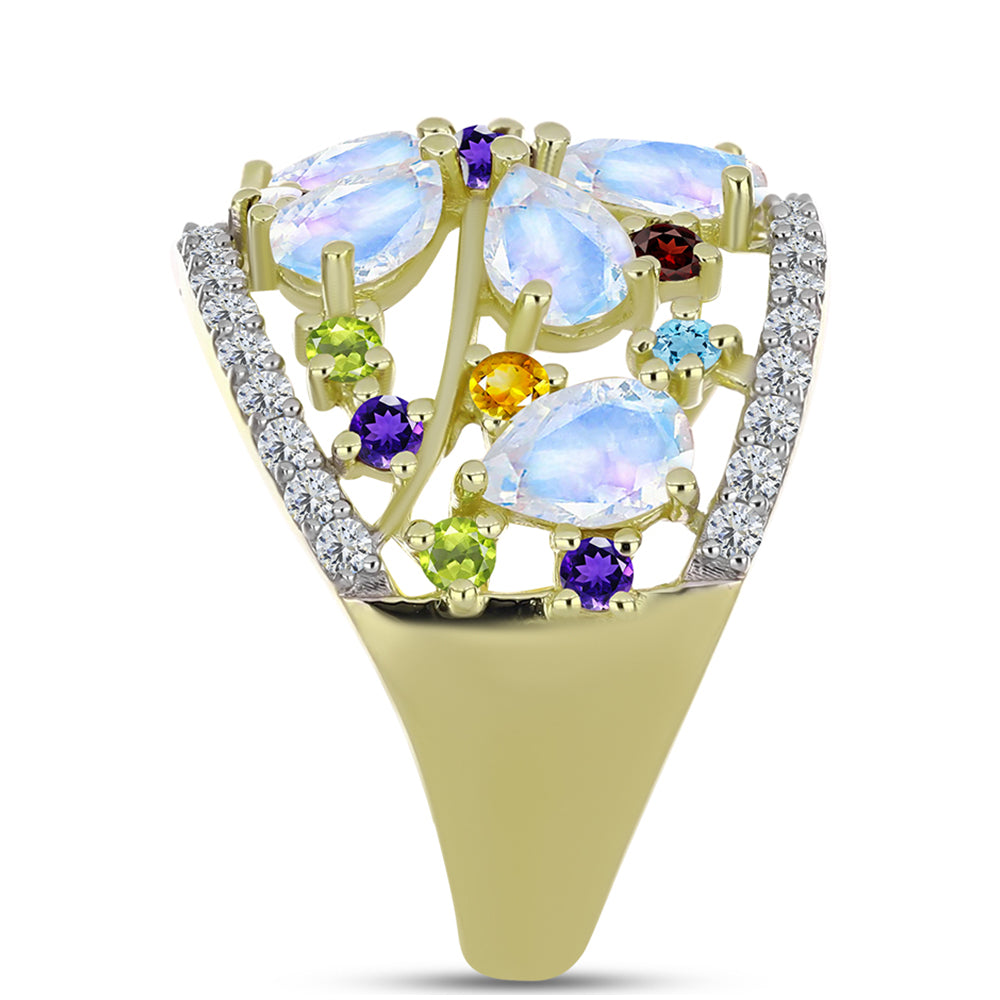 Anillo de Plata Bañada en Oro con Piedra Lunar Arco Iris y Amatista de Marruecos