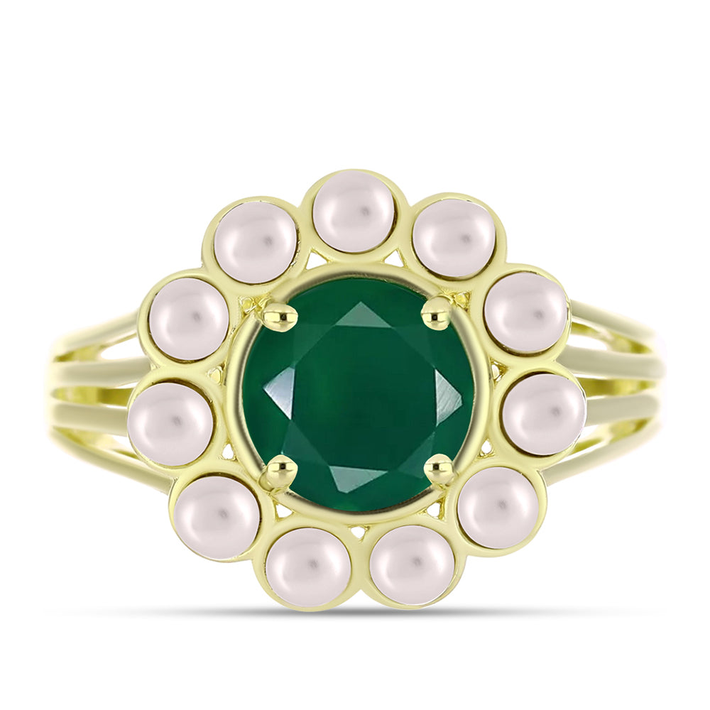 Anillo de Plata Bañada en Oro con Ágata Verde y Perla de Agua Dulce 5 