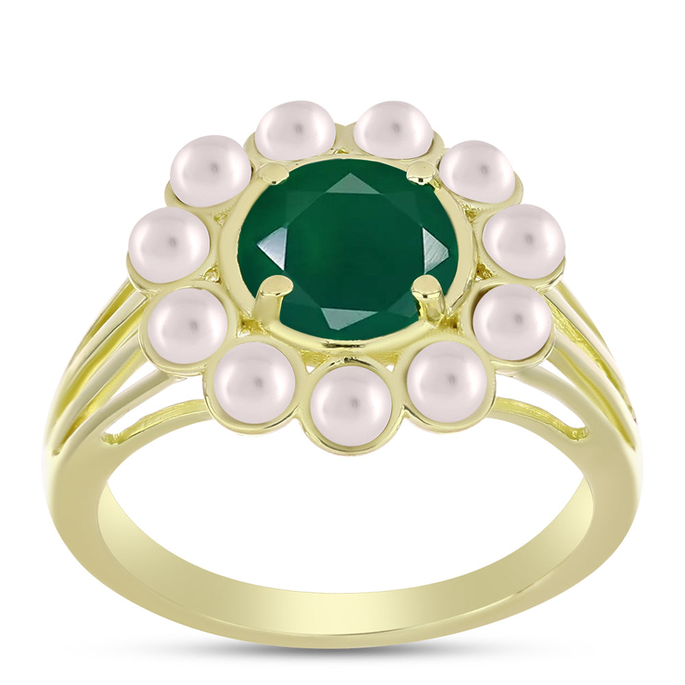 Anillo de Plata Bañada en Oro con Ágata Verde y Perla de Agua Dulce 7 