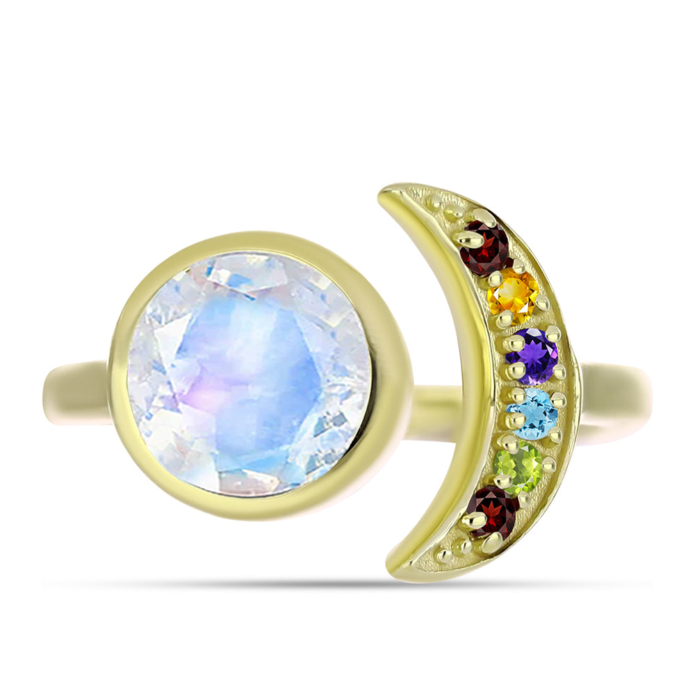 Anillo de Plata Bañada en Oro con Piedra Lunar Arco Iris y Amatista de Marruecos 1 