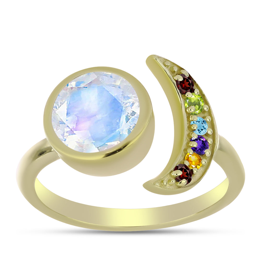Anillo de Plata Bañada en Oro con Piedra Lunar Arco Iris y Amatista de Marruecos