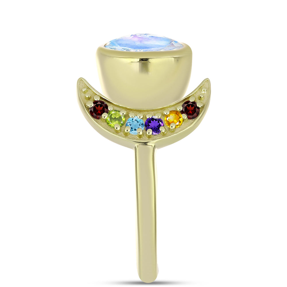 Anillo de Plata Bañada en Oro con Piedra Lunar Arco Iris y Amatista de Marruecos 8 