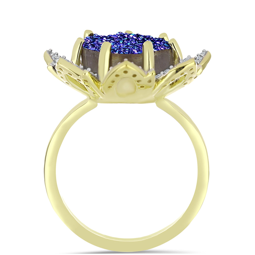 Anillo de Plata Bañada en Oro con Drusa Purpura y Topacio Blanco 2 