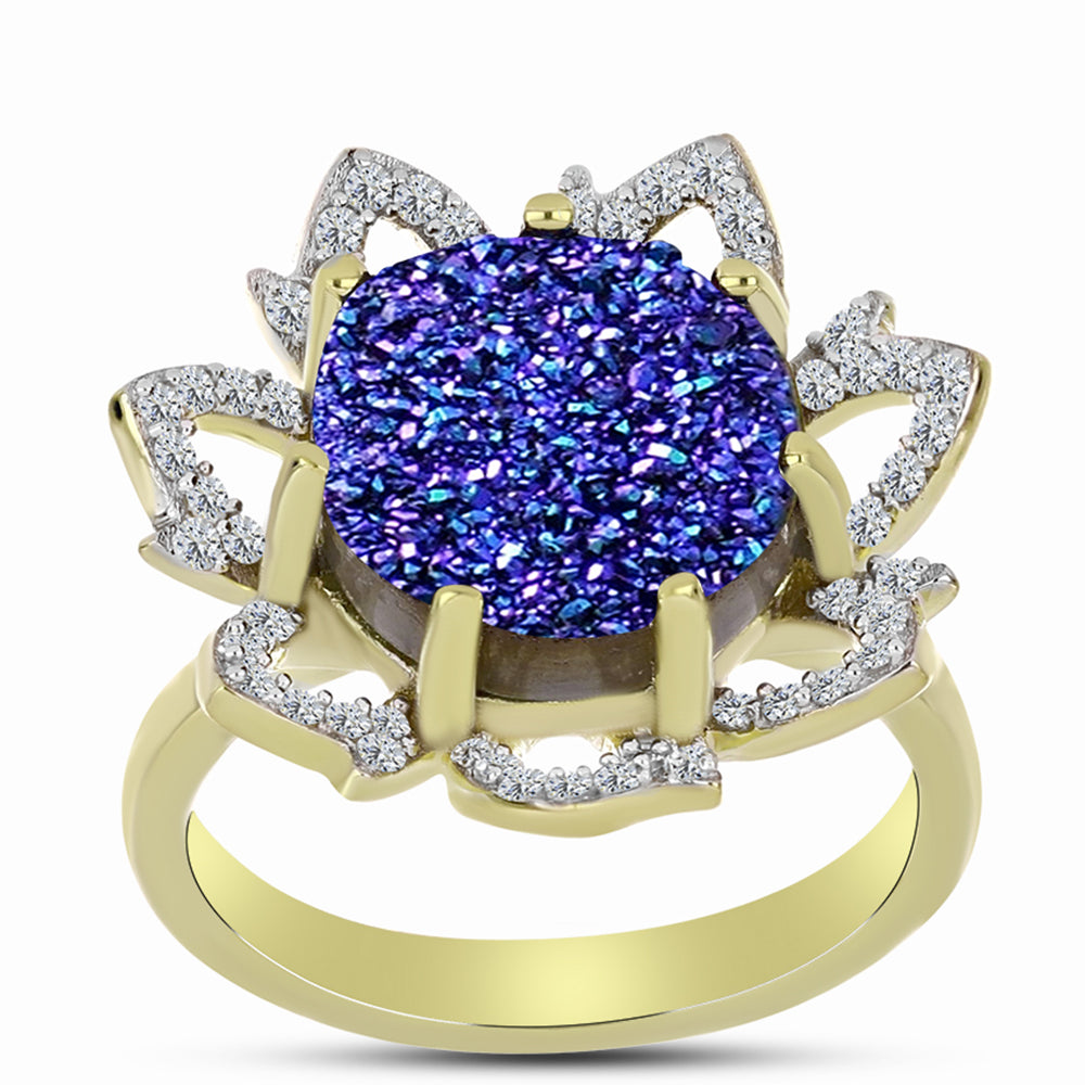 Anillo de Plata Bañada en Oro con Drusa Purpura y Topacio Blanco