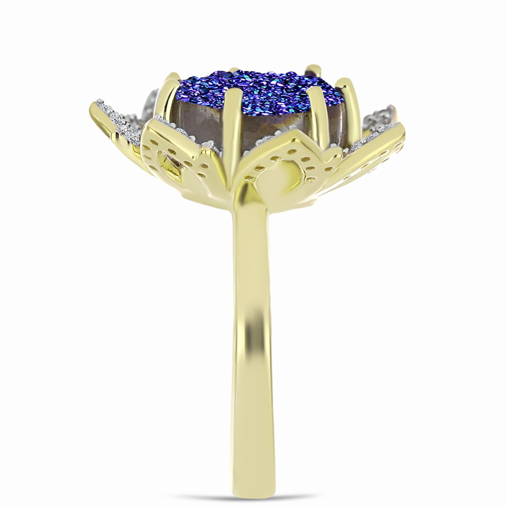 Anillo de Plata Bañada en Oro con Drusa Purpura y Topacio Blanco 4 