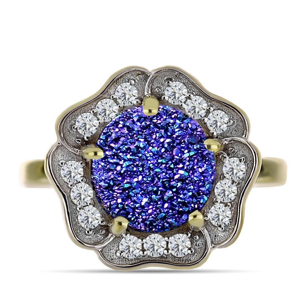 Anillo de Plata Bañada en Oro con Drusa Purpura y Topacio Blanco 1 