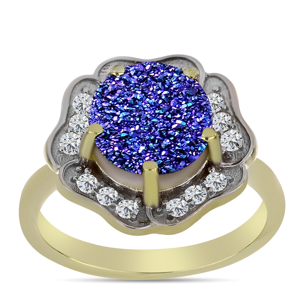 Anillo de Plata Bañada en Oro con Drusa Purpura y Topacio Blanco 7 